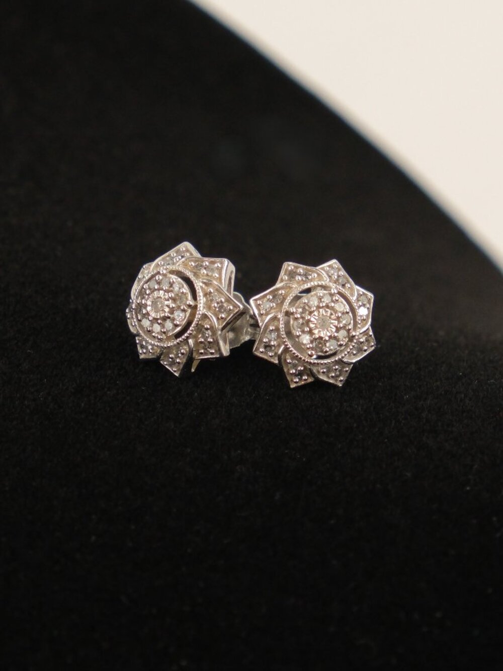 925 Sterling Silver Flower Stud Earrings with Accent Diamonds